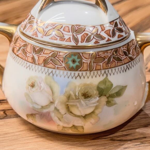 1930's Vintage Royal Rudolstadt Prussia Covered Sugar Dish, Antique Rose Pattern - Picture 8 of 10